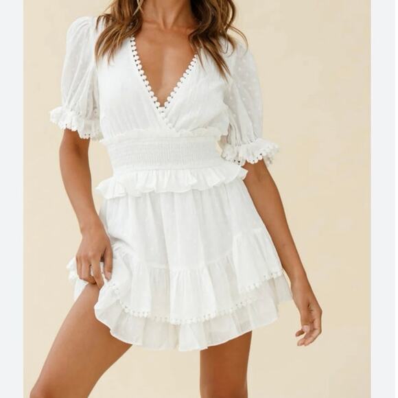 showpo Dresses & Skirts - Showpo Saints + Secrets White Puff Sleeve Ruffle Mini Dress Size S Cotton EUC